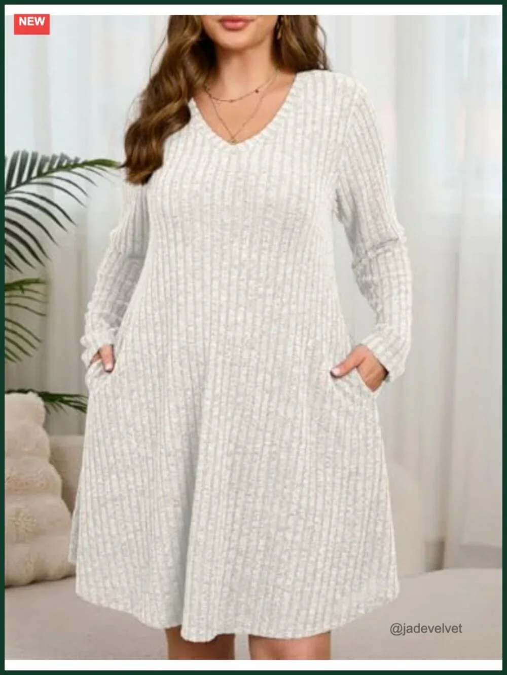 Women's Plus Size Knit Sweater Dress Long Sleeve V-Neck with Pockets Casual